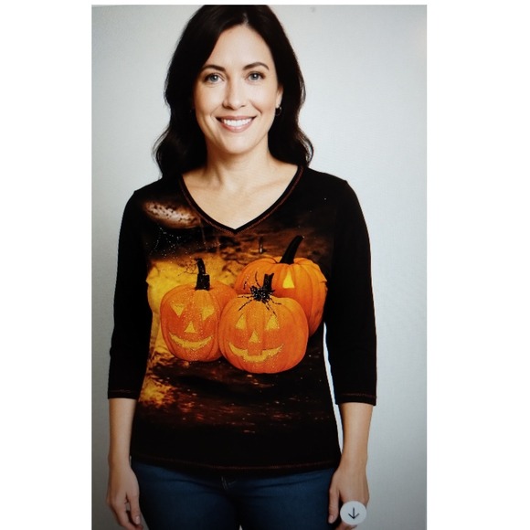 Halloween Pumpkin Rhinestone Top – Ongue Casual L Black 3/4 Sleeve Fall Shirt - Picture 2 of 9